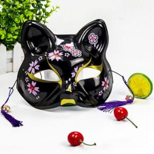 Masque Japonais Kitsune Noir à Fleurs