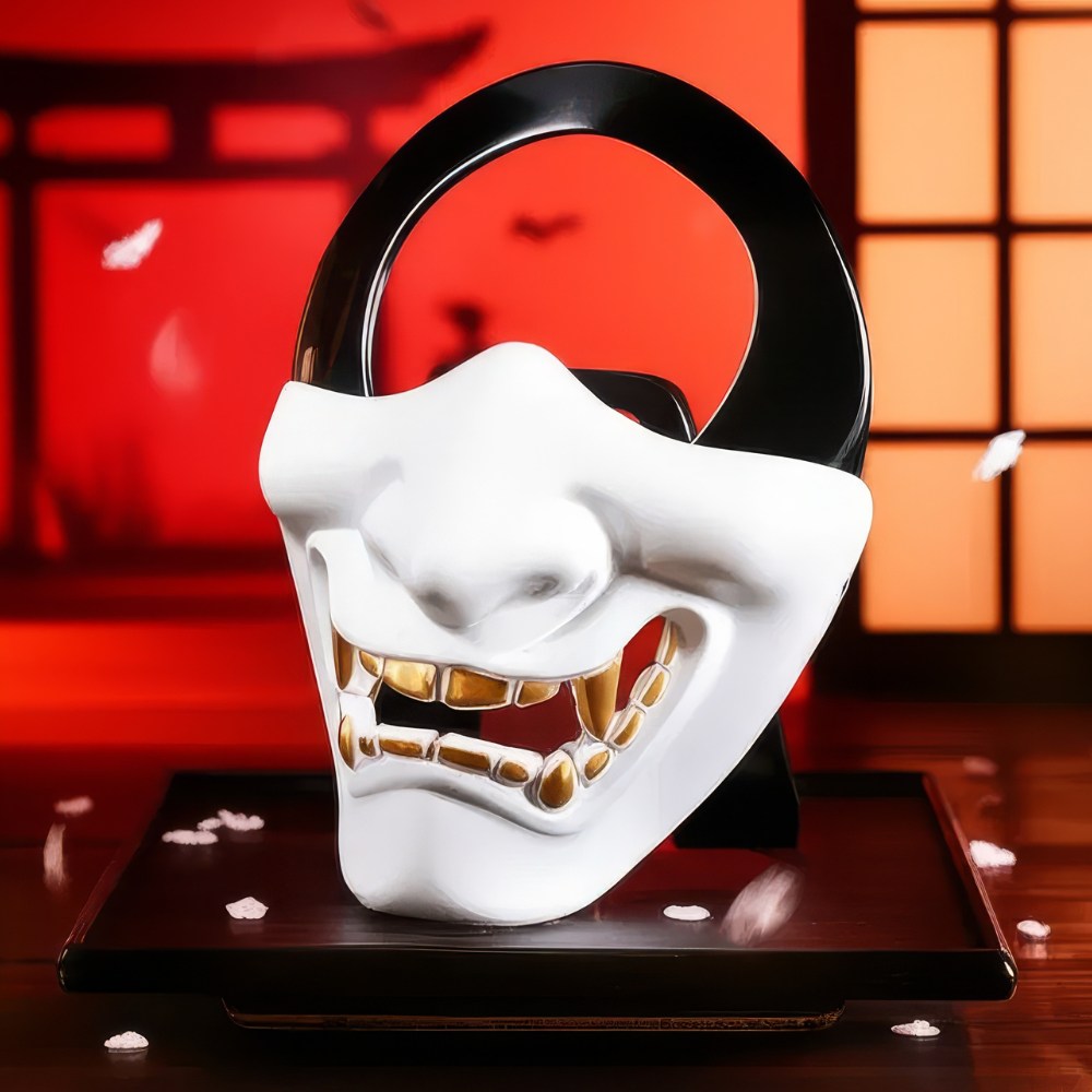 Demi masque japonais Hannya blanc avec détails dorés et poignée noire, posé sur un socle en bois avec fond rouge et lumière tamisée
