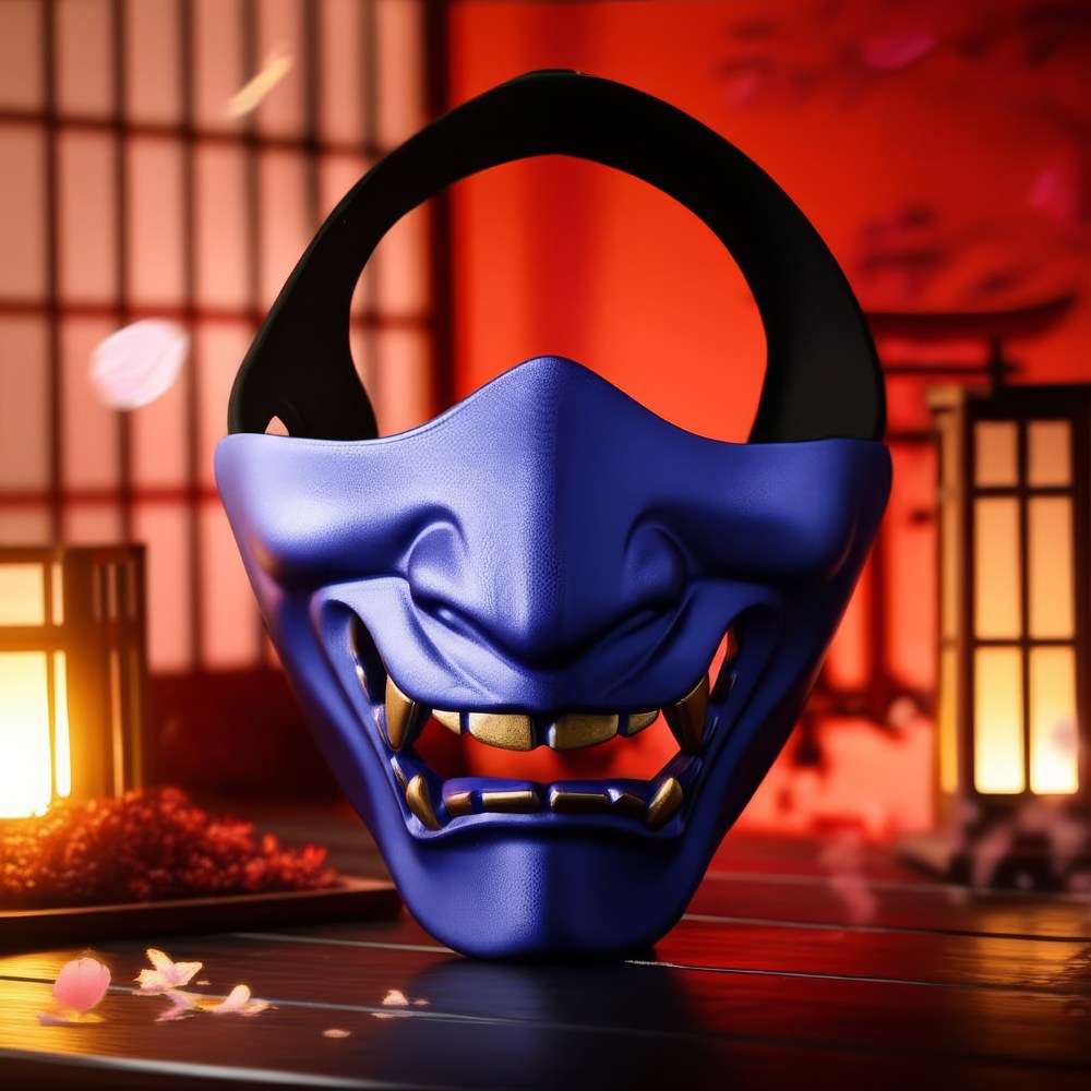 Demi masque japonais Hannya bleu en matière rigide avec expression démoniaque et dents visibles, porté avec un élastique noir