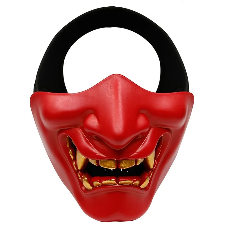 Demi masque japonais Hannya rouge avec dents dorées et expression menaçante, vue de face