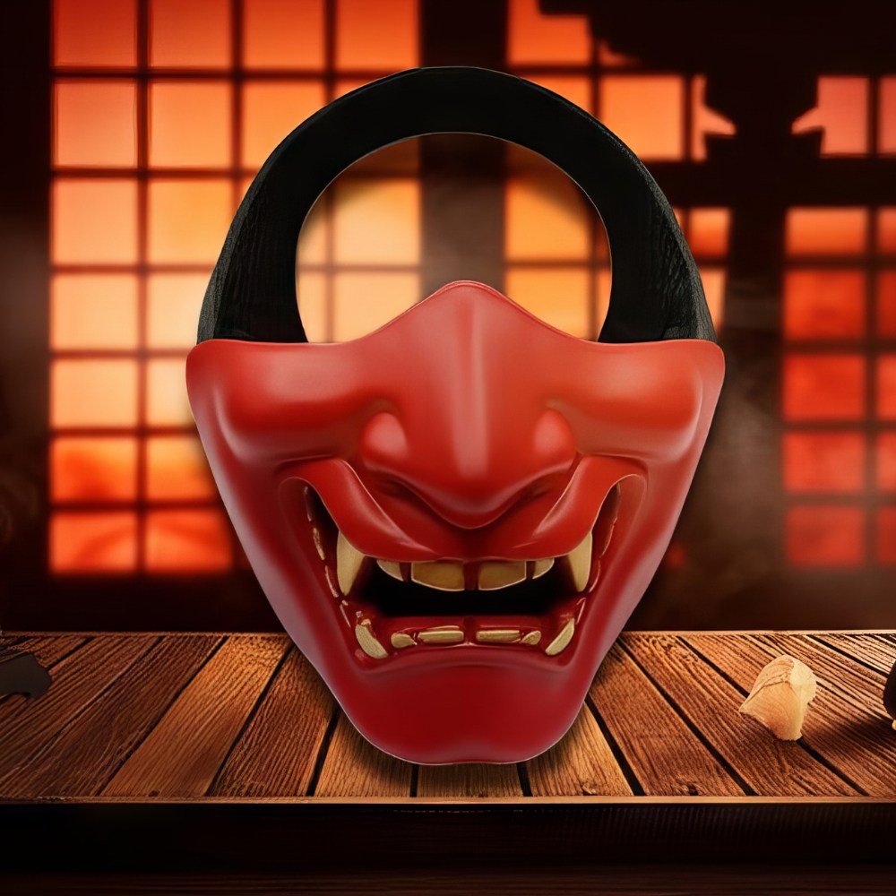 Demi masque japonais Hannya rouge en matière rigide avec expression démoniaque et dents visibles, fond traditionnel avec shoji