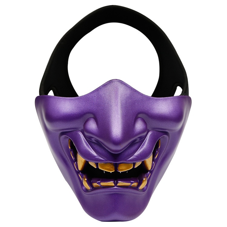 Demi masque japonais Hannya violet avec dents dorées et lanière noire, vue de face