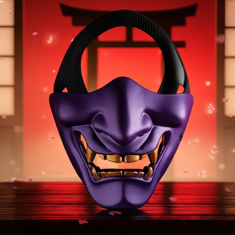 Demi masque japonais Hannya violet en plastique avec dents dorées et sangle noire devant un décor traditionnel rouge
