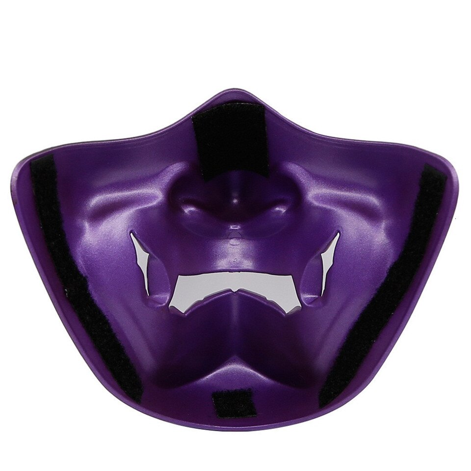 Demi masque japonais Hannya violet vu de l'intérieur avec finition lisse et attaches noires