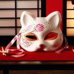 Masque japonais en forme de chat blanc avec motifs floraux roses, ruban rose et détails rouges