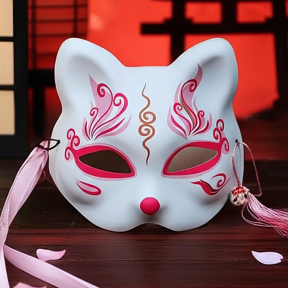 Masque japonais en forme de chat porte-bonheur blanc avec motifs rouges et dorés, décoré d'un pompon rose sur le côté