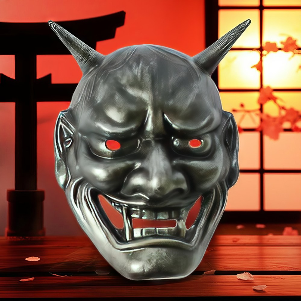 Masque japonais Hannya en argent antique avec finition métallique et expression démoniaque traditionnelle