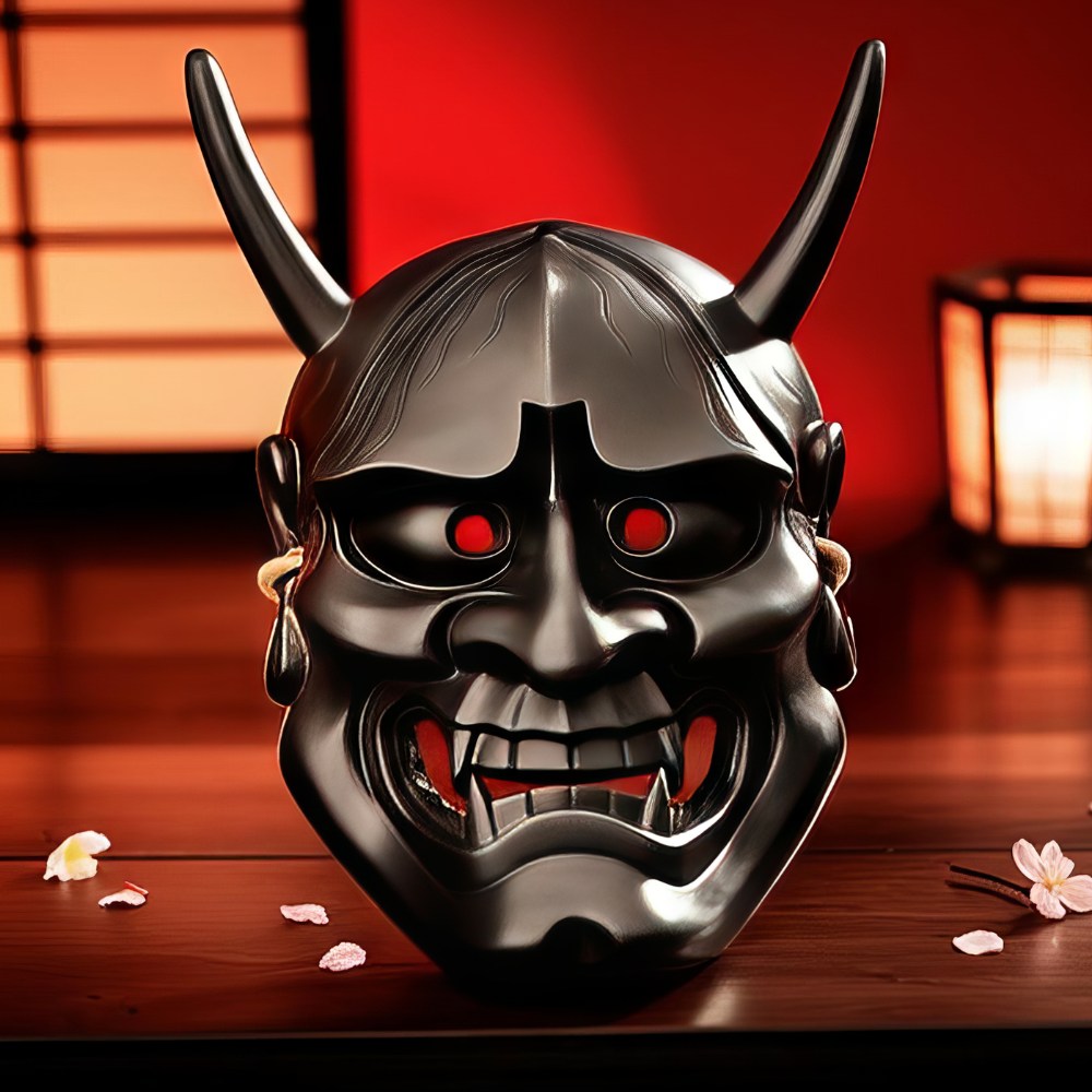 Masque japonais Hannya argenté en métal avec finition brillante, décor traditionnel démoniaque avec grandes cornes incurvées, yeux rouges et expression menaçante