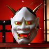 Masque japonais Hannya blanc en plastique avec cornes dorées, yeux rouges et détails dorés, style démon traditionnel