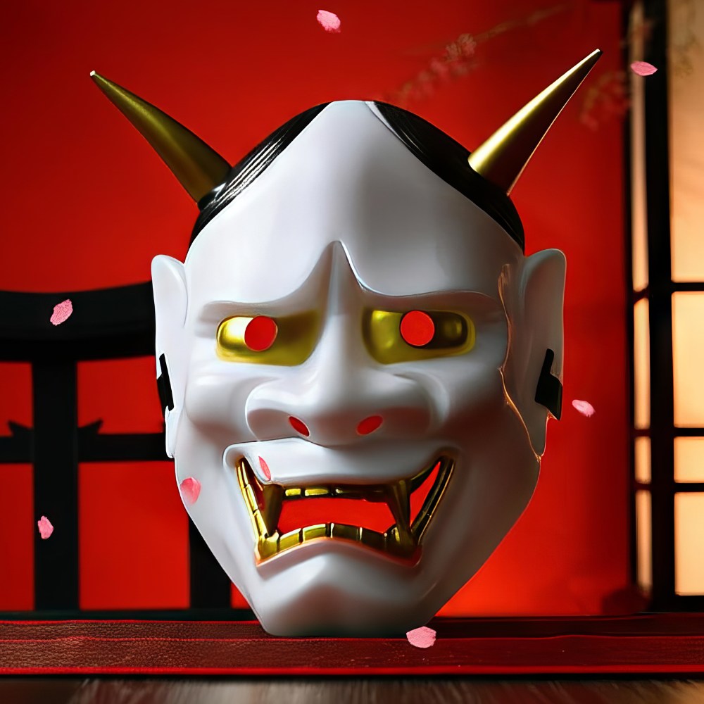 Masque japonais Hannya blanc en plastique avec cornes dorées, yeux rouges et détails dorés, style démon traditionnel