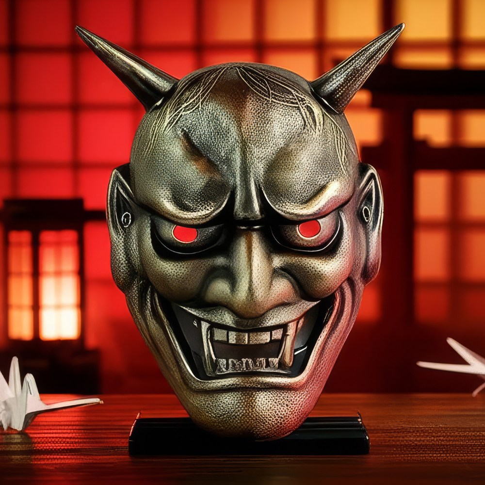 Masque japonais Hannya en bronze antique avec yeux rouges et expression démoniaque, posé sur un support noir devant un fond traditionnel éclairé