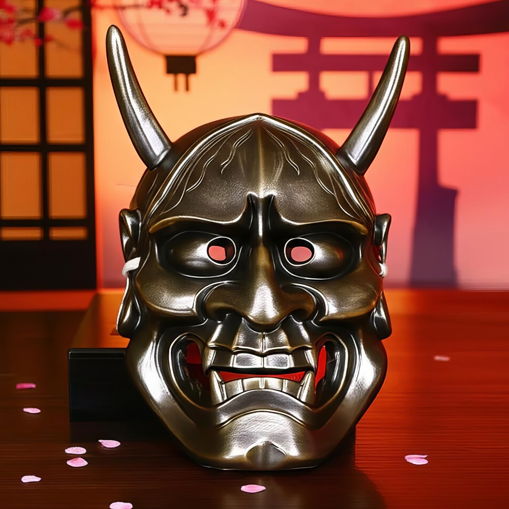 Masque japonais Hannya métallisé couleur bronze avec cornes, visage démoniaque traditionnel du folklore japonais