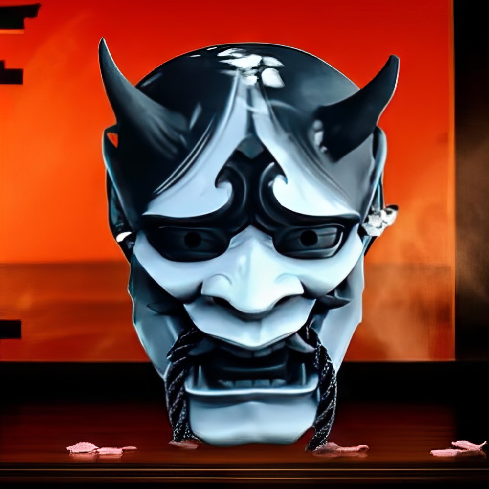 Masque japonais Hannya noir et blanc en céramique avec cornes et détails sculptés, posé sur une surface sombre avec fond orange