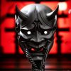 Masque japonais Hannya noir en matériau lisse avec cornes pointues et cordon noir, décor traditionnel démon japonais