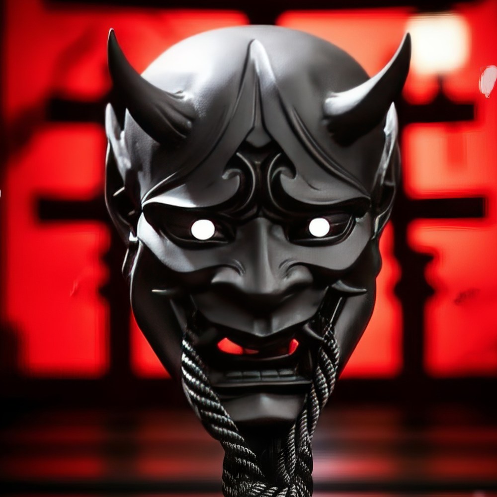 Masque japonais Hannya noir en matériau lisse avec cornes pointues et cordon noir, décor traditionnel démon japonais