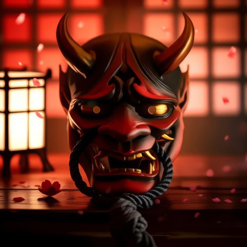 Masque japonais Hannya rouge et noir en bois avec cornes, décor doré, corde noire attachée, éclairage tamisé