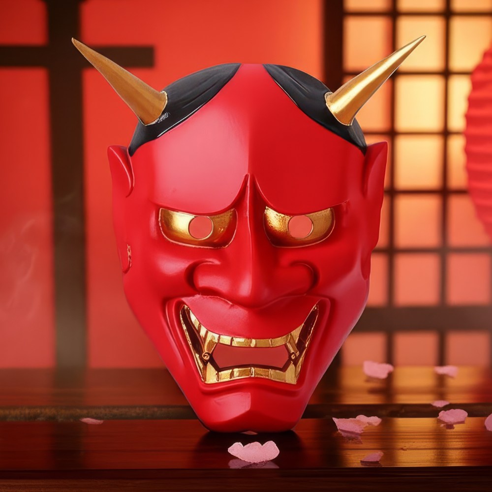 Masque japonais Hannya rouge sang avec cornes dorées et détails dorés, visage démoniaque traditionnel