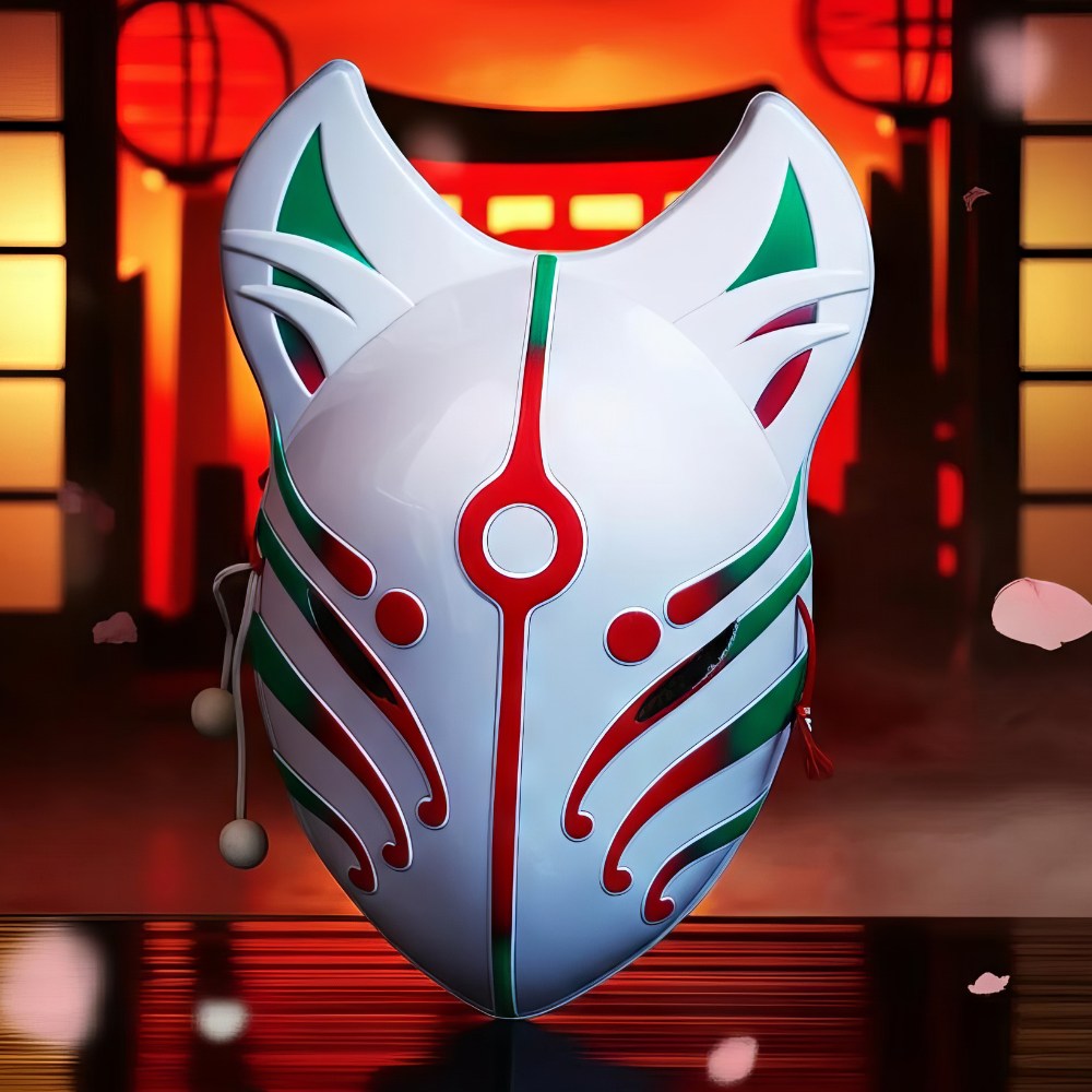 Masque japonais Kitsune allongé blanc avec motifs rouges et verts, décor renard sacré traditionnel