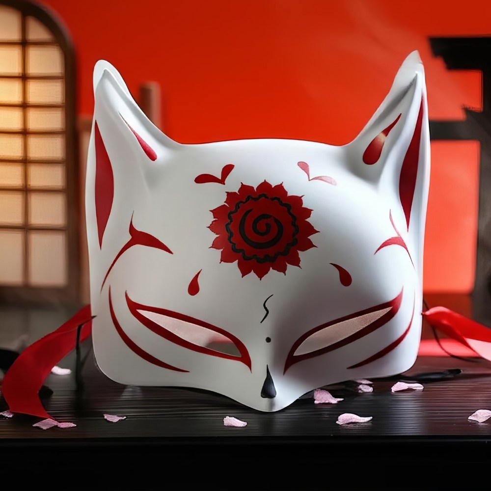 Masque japonais Kitsune blanc en céramique avec motifs rouges et spirale centrale, décor traditionnel renard sacré
