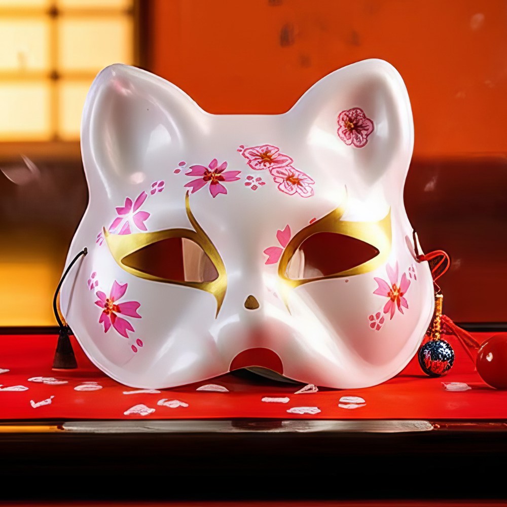 Masque japonais Kitsune blanc avec fleurs roses et dorées, décor floral détaillé, masque rituel en forme de renard sacré