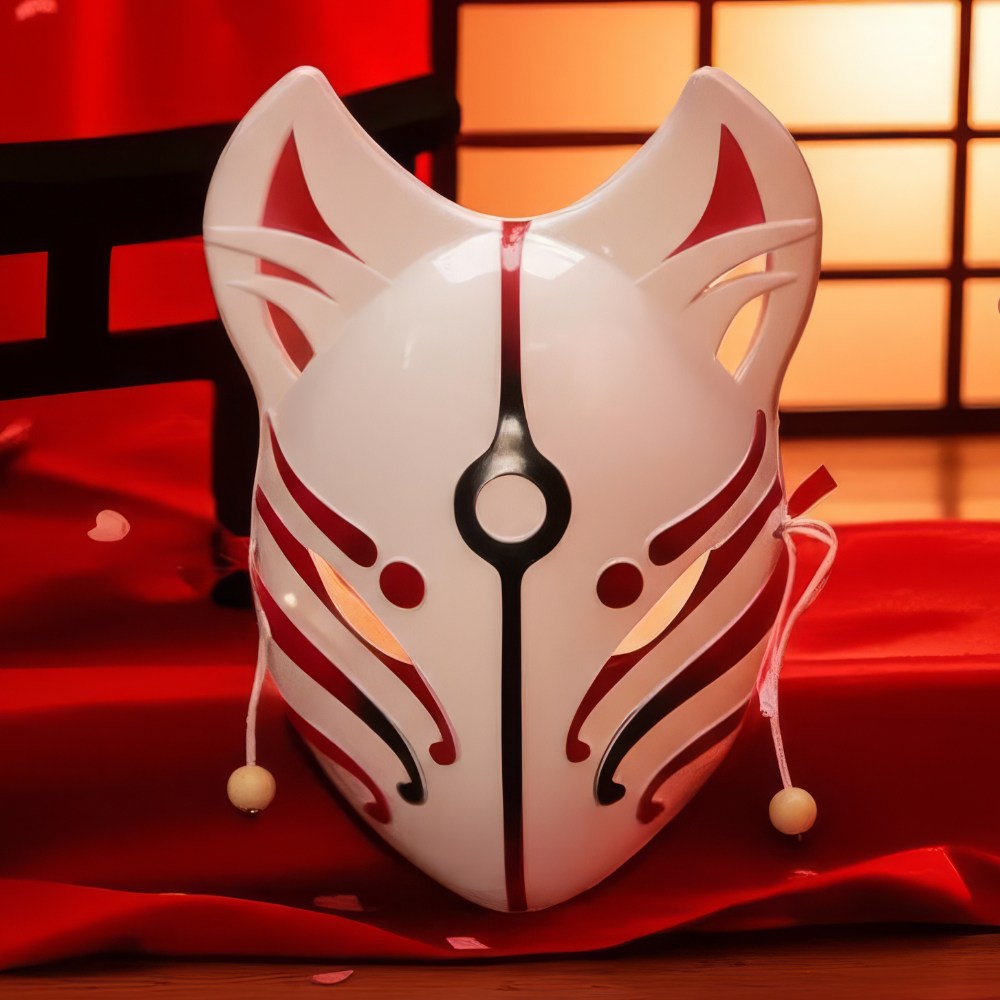 Masque japonais Kitsune blanc long en plastique avec motifs rouges et noirs, décoré de cordons avec pompons, posé sur tissu rouge