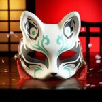 Masque japonais Kitsune blanc en résine avec motifs noirs et bleus, décoré de pompons rouges et grelots dorés, style traditionnel folklore japonais