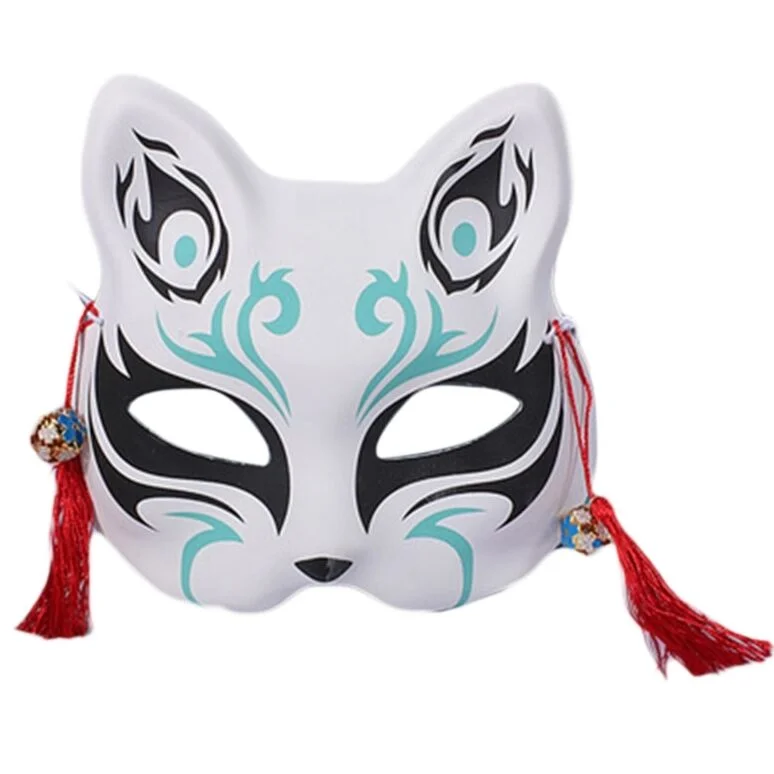 Masque japonais Kitsune l'Ingénieux blanc avec motifs noirs et bleus, décoré de pompons rouges et clochettes sur les côtés