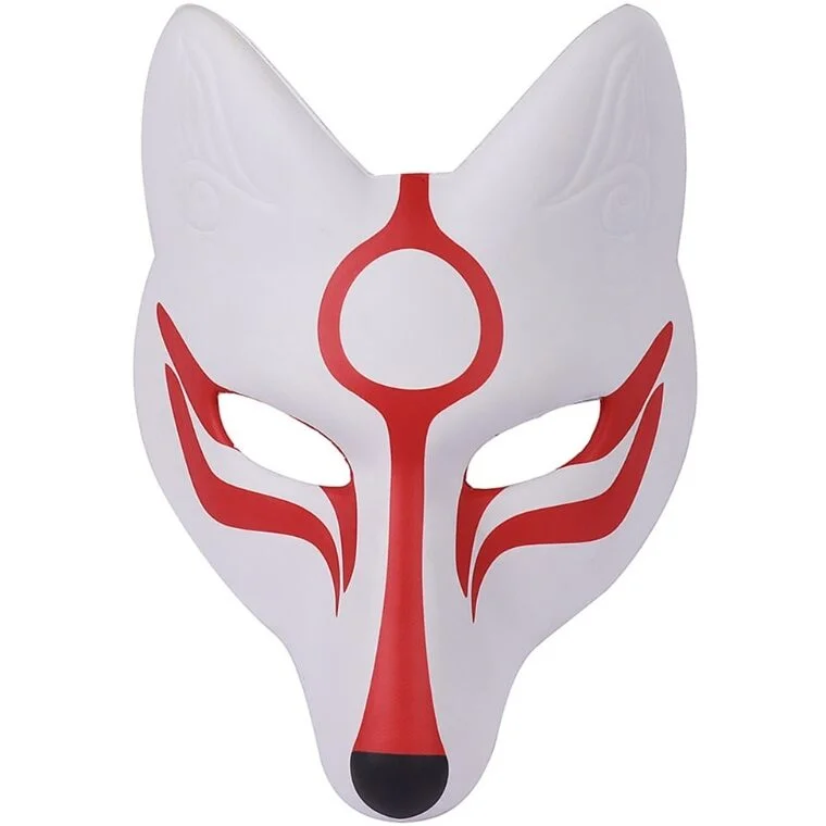 Masque japonais Kitsune en plastique blanc avec motifs rouges et noirs, vue de face