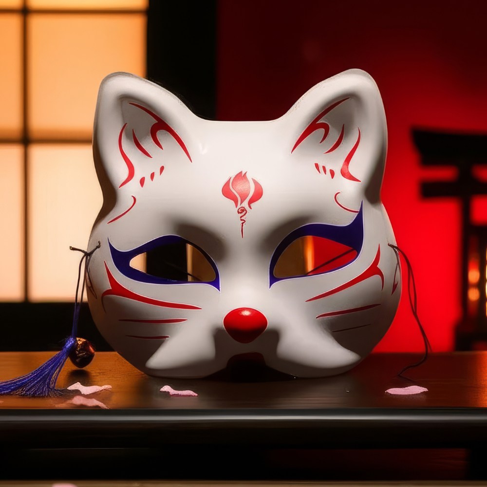 Masque japonais Kitsune blanc en forme de renard avec motifs rouges et bleus, cordon violet, posé sur une surface sombre devant un décor traditionnel japonais