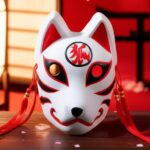 Masque japonais Kitsune authentique en résine blanche avec motifs rouges et noirs, décoré de cordons rouges et symbole kanji rouge sur le front