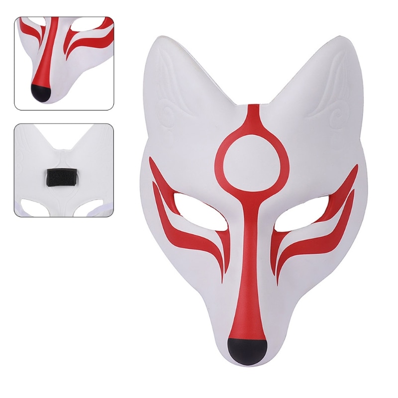 Masque japonais Kitsune blanc et rouge en plastique avec motifs rouges et noirs, vue de face et détails de l'attache élastique