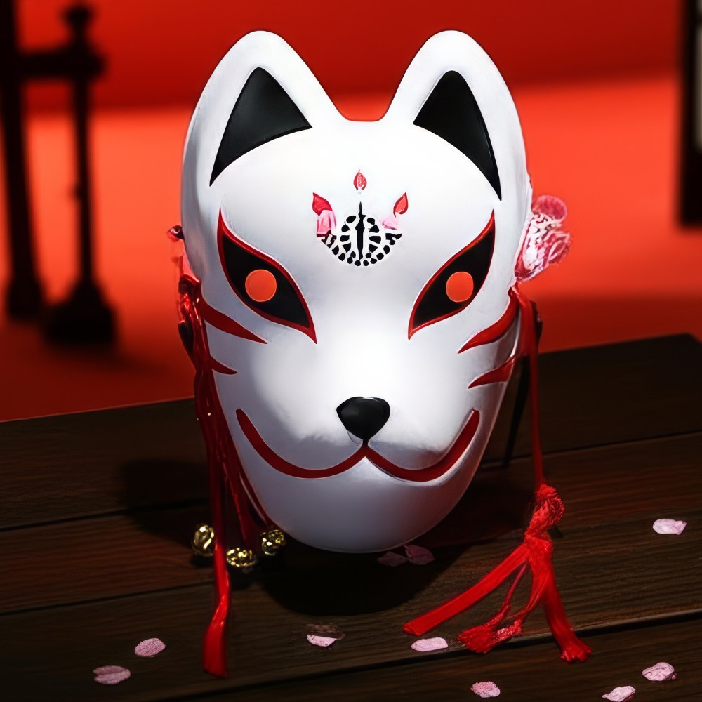 Masque japonais Kitsune roublard blanc avec motifs rouges et noirs, décorations rouges suspendues et petits grelots dorés