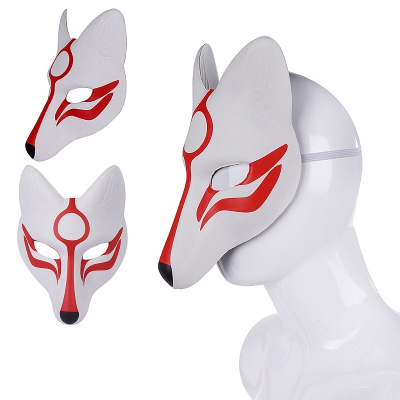 Masque japonais Kitsune en plastique blanc avec motifs rouges, vue de face et de profil