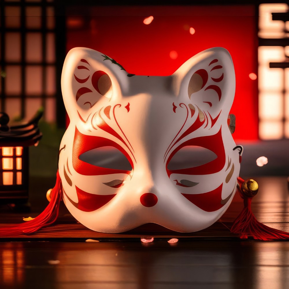 Masque japonais Kitsune en résine blanche avec motifs rouges traditionnels, décoré de pompons rouges sur les côtés
