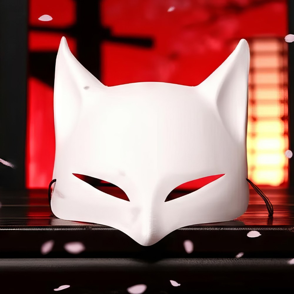 Masque japonais Kitsune blanc en plastique avec yeux rouges, forme de renard sacré