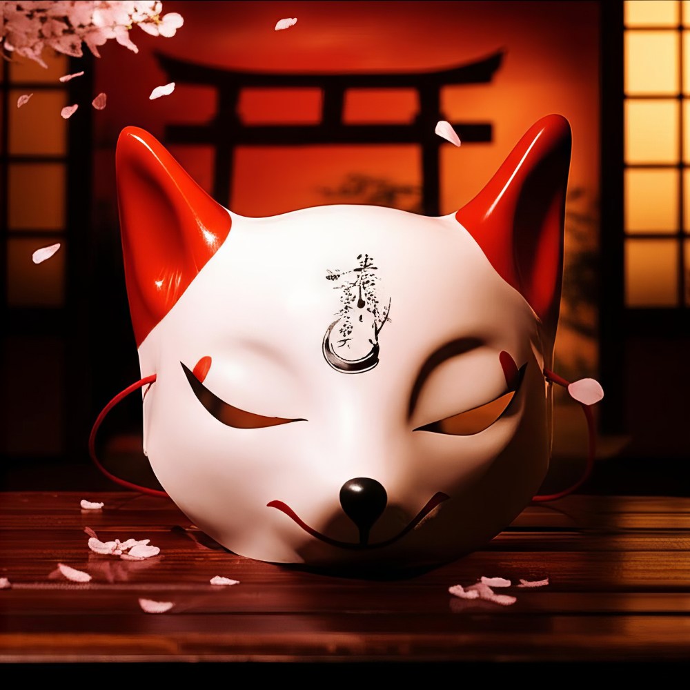 Masque japonais Kitsune en céramique blanc et rouge avec motif noir sur le front, décor renard sacré au style traditionnel