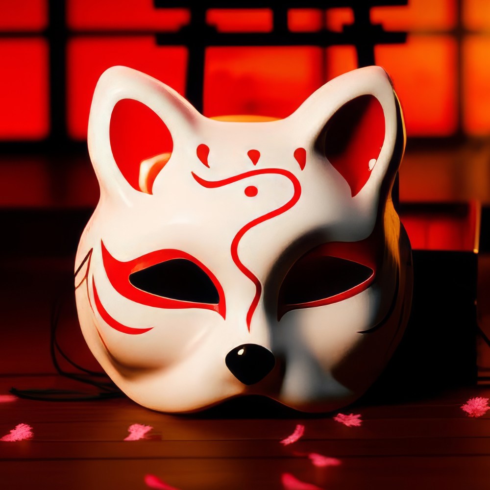 Masque japonais Kitsune l'Espiègle en céramique blanche avec motifs rouges et noirs, forme de renard sacré traditionnel