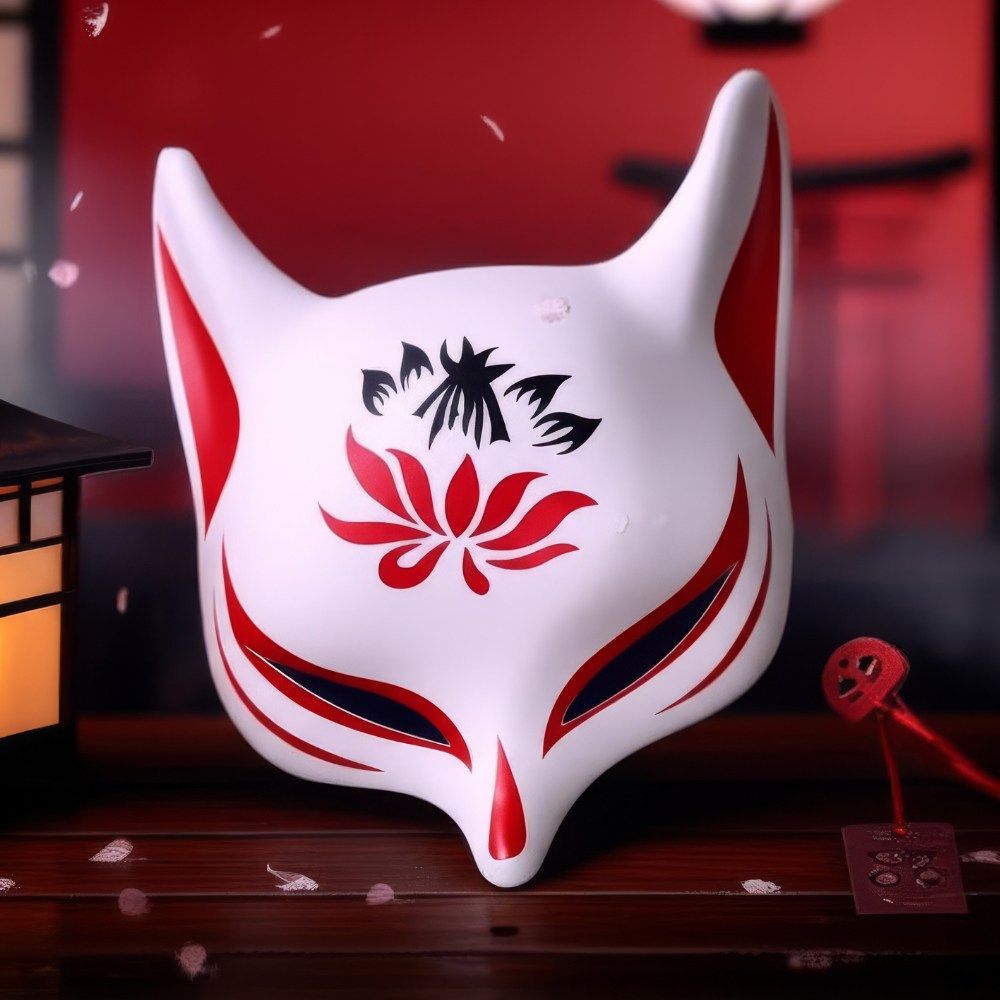 Masque japonais Kitsune fleuri en céramique blanche avec motifs rouges et noirs représentant une fleur sur le front, décor traditionnel de renard sacré