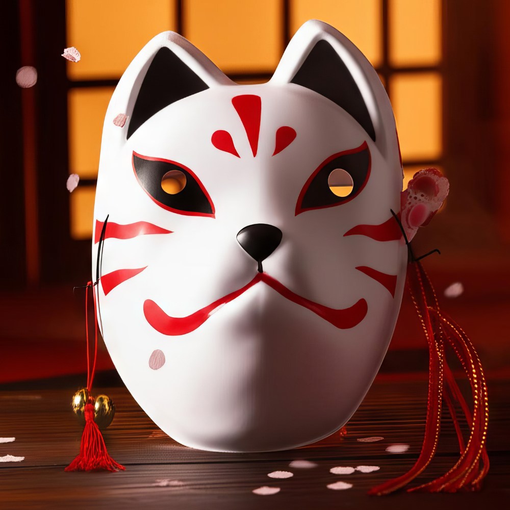 Masque japonais Kitsune Futé blanc en céramique avec motifs rouges et noirs, décoré de pompons rouges et clochettes, posé sur une surface en bois avec fond lumineux orange