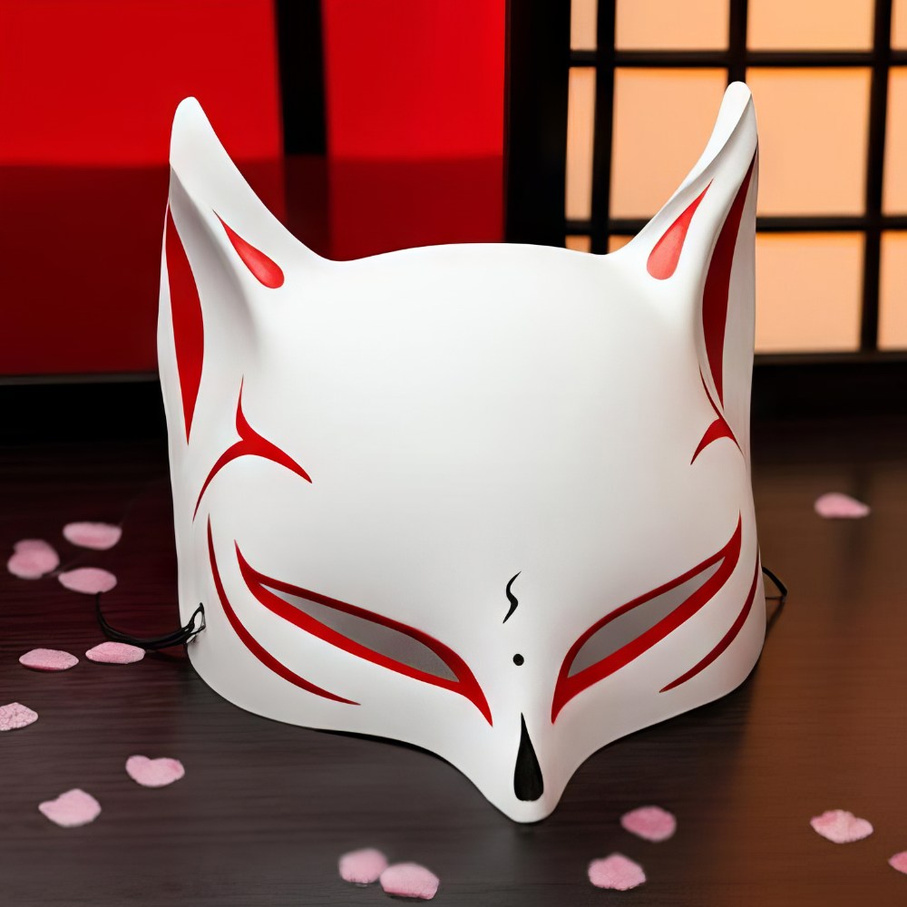 Masque japonais Kitsune l'Ambigu blanc avec motifs rouges en forme de renard sacré traditionnel