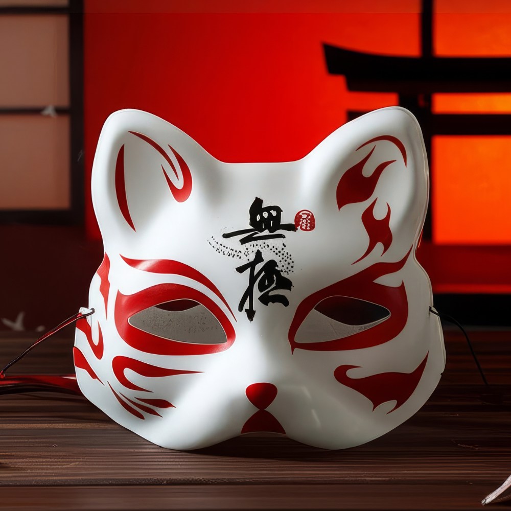 Masque japonais Kitsune Le Fourbe blanc en résine avec motifs rouges et calligraphie noire, vue de face sur fond rouge et décor traditionnel