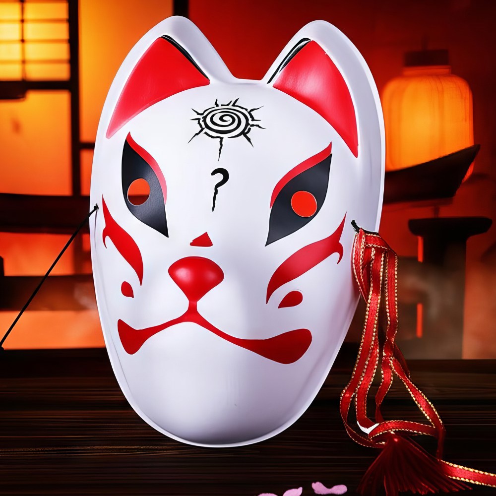 Masque japonais Kitsune Le Métamorphe blanc avec motifs rouges et noirs, décoré d'un symbole noir sur le front, rubans rouges attachés sur le côté