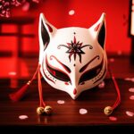Masque japonais Kitsune Le Retord blanc avec motifs rouges et noirs, décor floral central, clochettes dorées et cordons rouges