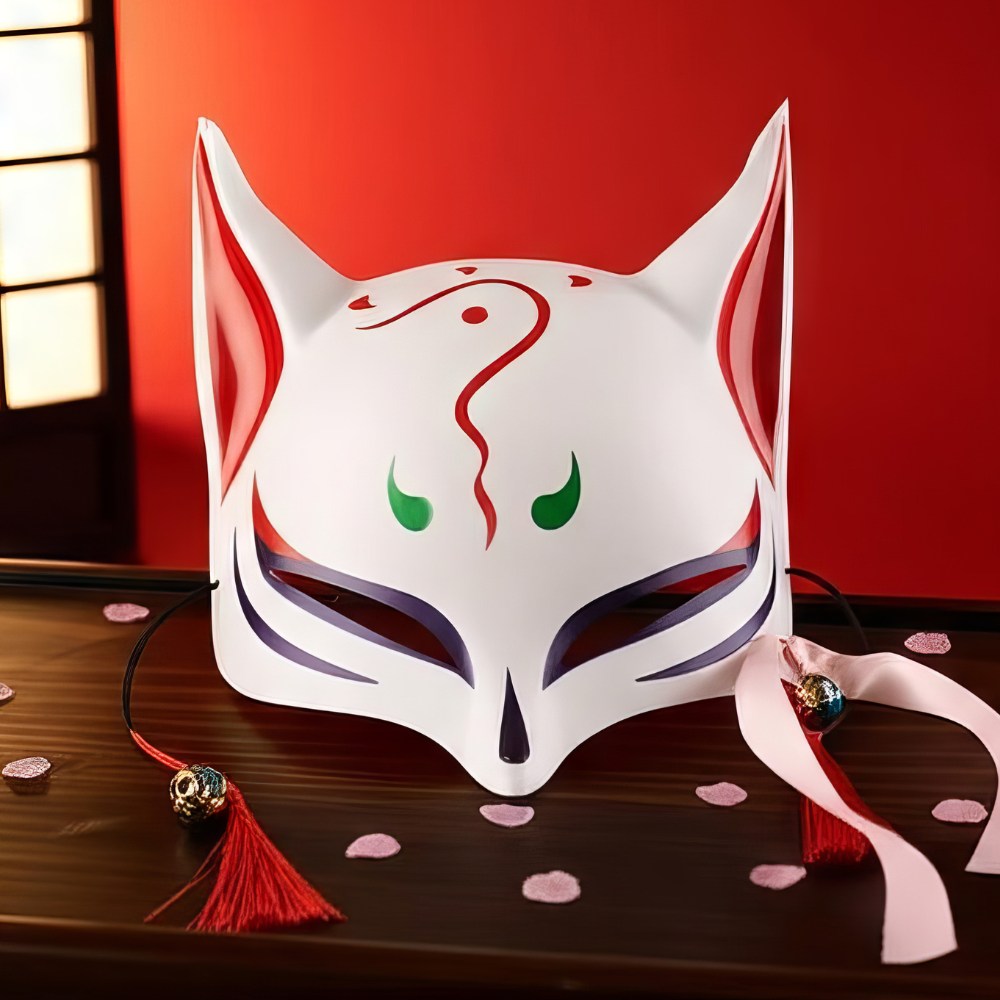 Masque japonais Kitsune l'Habile blanc avec motifs rouges, verts et noirs, forme de renard sacré traditionnel