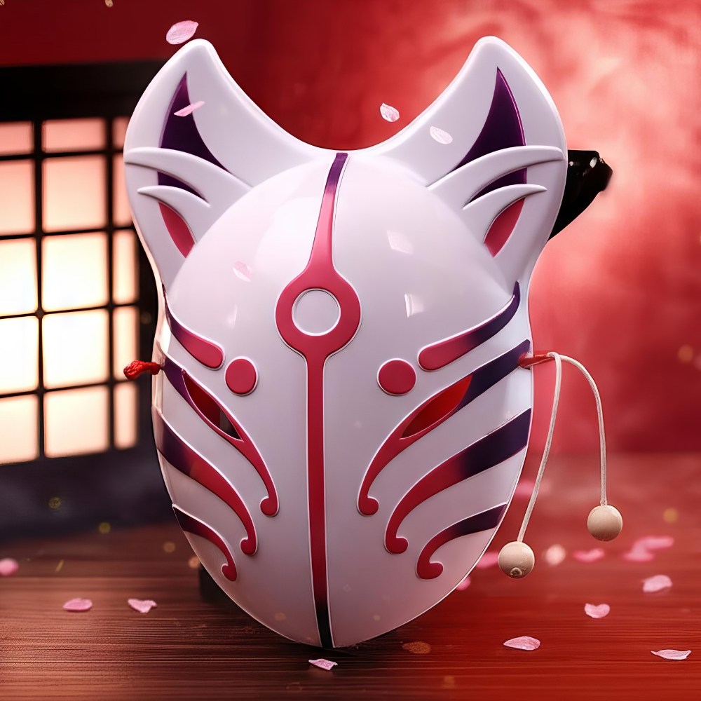 Masque japonais Kitsune Long blanc avec motifs rouges et noirs, forme de renard sacré, décor traditionnel avec cordon de maintien