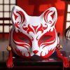 Masque japonais Kitsune maléfique blanc avec motifs rouges, décorations en pompons rouges et clochettes dorées, style traditionnel folklore japonais