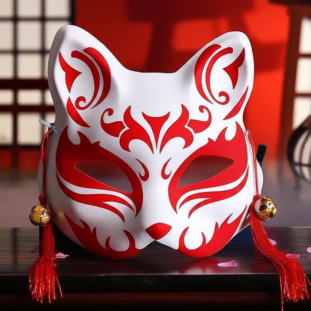 Masque japonais Kitsune maléfique blanc avec motifs rouges, décorations en pompons rouges et clochettes dorées, style traditionnel folklore japonais