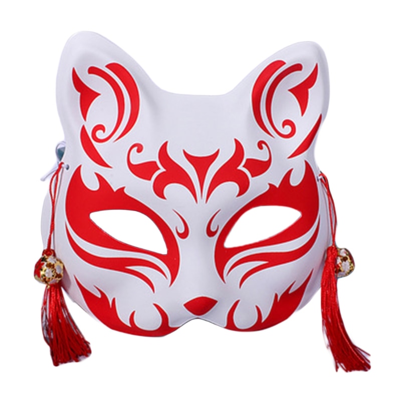 Masque japonais Kitsune maléfique blanc en résine avec motifs rouges et pompons rouges suspendus sur les côtés