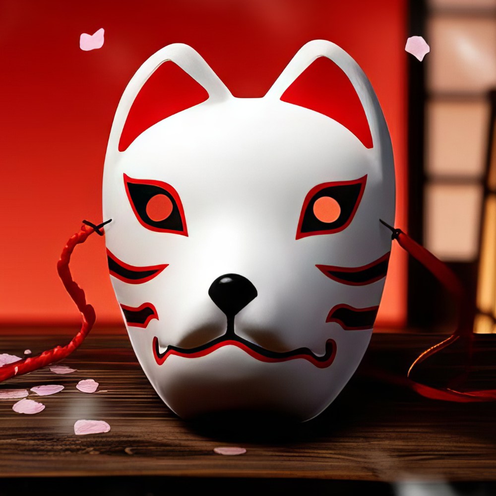 Masque japonais Kitsune malicieux blanc en céramique avec motifs rouges et noirs, cordon rouge, décor traditionnel renard sacré