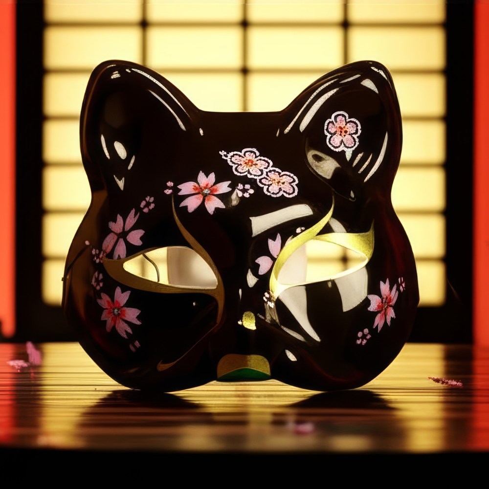 Masque japonais Kitsune noir en forme de renard avec motifs floraux roses et blancs